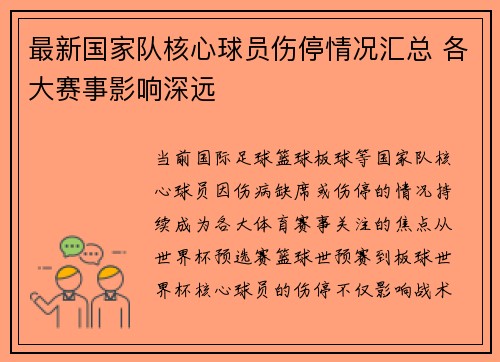 最新国家队核心球员伤停情况汇总 各大赛事影响深远 最新国家队核心球员伤停情况汇总 各大赛事影响深远