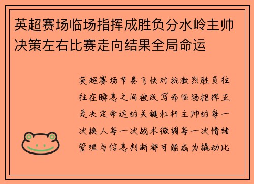 英超赛场临场指挥成胜负分水岭主帅决策左右比赛走向结果全局命运 英超赛场临场指挥成胜负分水岭主帅决策左右比赛走向结果全局命运